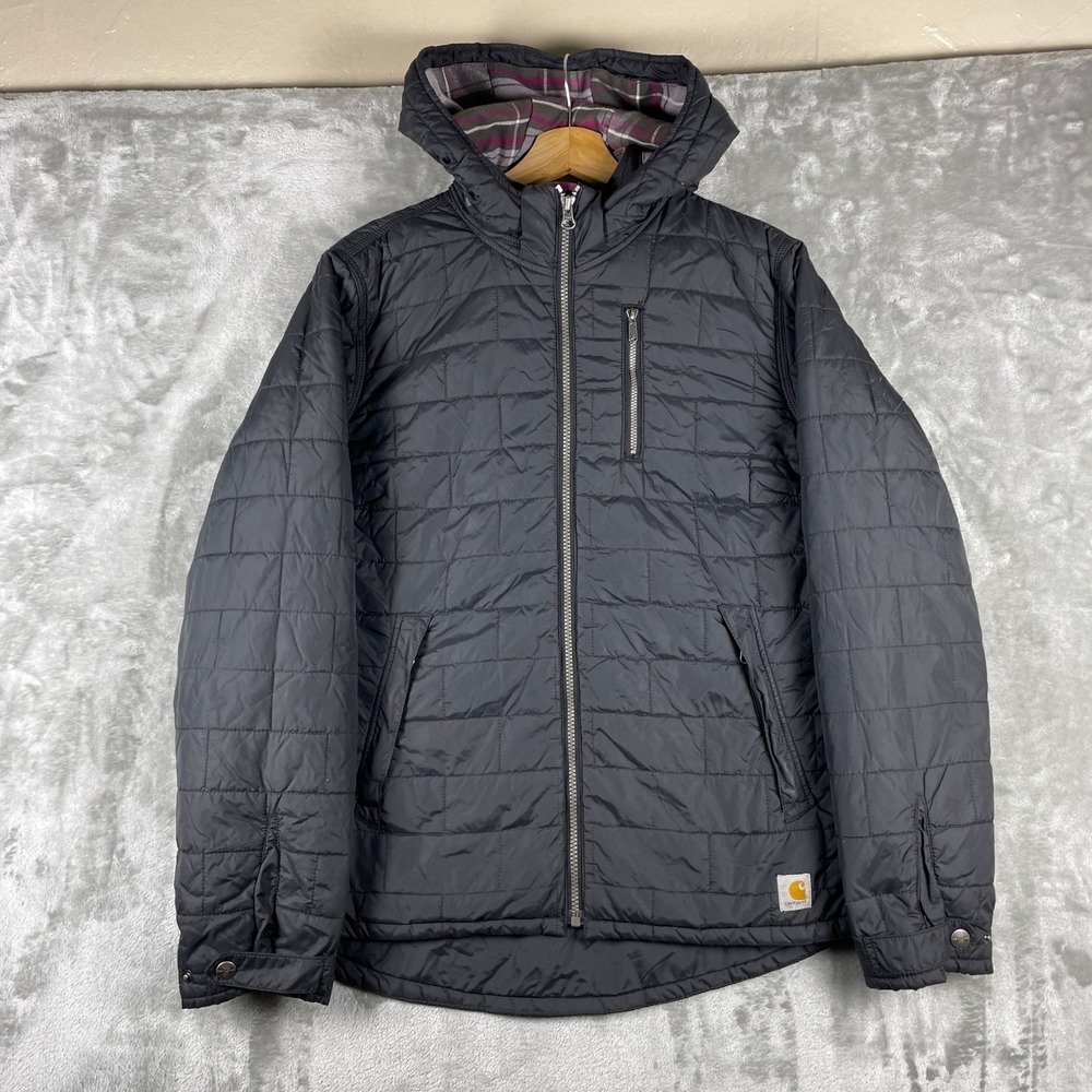 Carhartt Puffer Jacket Women M Black Quilted Plaid Lined Hooded 101730 001